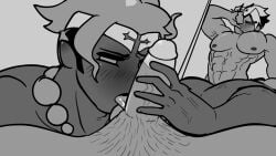 2boys 2d 2d_(artwork) abs ahe_gao ahegao_face arm_over_eyes armpit_hair armpits artist_upload balls belly_button blush blush_lines blushed_face blushing_at_partner blushing_male circumcised cookie_run cookie_run_kingdom crunchy_chip_cookie gay greyscale hand_covering_face hand_over_eye headgear holding_penis indigobunzz legs_spread licking licking_penis male_focus male_only nipples pecs pectorals penis penis_lick pov pubes pubic_hair side_braid sketch tongue uploaded_by_artist veins veiny_muscles wildberry_cookie yaoi