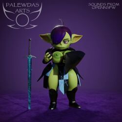 1:1 3d 3d_(artwork) 3d_animation 4_fingers animated areola armor artist_logo ass belly bevor big_breasts big_butt big_ears biped boots breasts chainmail character_name clothed clothing digital_media_(artwork) enna_(palewdasarts) fantasy female female_humanoid fingers footwear goblin goblin_female green_body hair hi_res holding_object holding_weapon humanoid impractical_armor knight logo melee_weapon nipple_covers palewdas_arts palewdasarts_(modeler) purple_eyes purple_hair shaded shield shoes short_playtime shortstack slightly_chubby soft_shading solo sound sword tagme thick_thighs tools unconvincing_armor video warrior weapon