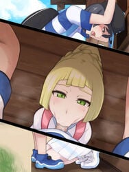 1boy 1girls :>= censored elio_(pokemon) female human lillie_(pokemon) nintendo oral pokemon pokemon_sm straight umayahara0130