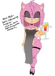 accessory amy_rose anthro beverage black_clothing black_footwear black_nose black_shoes bracelet breasts choker cleavage clothed clothing dialogue dress eulipotyphlan female footwear front_view fur genitals gloves green_eyes grey_clothing grey_dress hair hair_accessory hairband handwear head_tuft hedgehog hi_res holding_beverage holding_object jewelry looking_at_viewer mammal meweeze navel necklace no_underwear pink_body pink_fur pink_hair sega short_hair simple_background smile solo sonic_(series) sonic_the_hedgehog_(series) talking_to_viewer tan_body tan_fur text translucent translucent_clothing translucent_dress tuft vulva white_background white_clothing white_gloves white_handwear