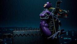 1girls 2025 ai_generated batman_(series) bayonetta bodysuit bondage catsuit catwoman chains clenched_teeth dc_comics female female_focus female_only green_eyes latex metal_bondage purple_bodysuit restrained selina_kyle shiny shiny_clothes skin_tight tight_clothes tight_clothing tin0men0gre torture