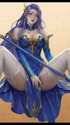 armlet bare_shoulders blue_dress bracers cleavage crotch_focus crown curvy detached_sleeves elf fanart female from_below garter_straps goddess_era gradient_background hair_ornament high_slit highres holding_trident jewelry lace_trim large_breasts long_hair low_angle panties pointy_ears polearm poseidon_(goddess_era) purple_hair simple_background sitting slit_dress solo spread_legs thick_thighs thighhighs trident underwear upskirt weapon white_panties white_thighhighs wide_hips yellow_eyes