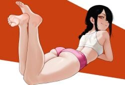 ass back bare_legs barefoot black_hair booty_shorts braid braided_ponytail breasts chainsaw_man closed_mouth clothing crop_top ear_piercing feet feet_up female foot_focus from_behind full_body hair_over_one_eye legs long_hair looking_at_viewer looking_back lying medium_hair micro_shorts midriff nayuta_(chainsaw_man) on_stomach orange_eyes piercing pink_shorts ringed_eyes shaardy short_shorts shorts sidelocks simple_background small_breasts smile smug soles solo tank_top the_pose thighs toenails toes two-tone_background underbutt underwear white_tank_top