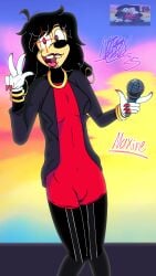 16:9 2023 2025 anthro black_body black_eyebrows black_fur black_hair black_nose cameltoe canine digital_drawing_(artwork) digital_media_(artwork) disney dog_ears ear_piercing ear_ring earrings eyebrows eyelashes female female_anthro female_only friday_night_funkin genderswap_(mtf) goof_troop hi_res lipstick long_hair max_goof microphone mommy_mearest mommy_mearest_(cosplay) nizisbizzy peace_sign red_clothing remake rings rule_63 shaded shoes smile smile_at_viewer sunset tongue v