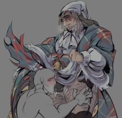 bara body_hair bulge_through_clothing christmas_nightmare e.g.o_(project_moon) gay gregor_(limbus_company) leakylycan lifting_skirt limbus_company male_only musk project_moon puffy_hair self_insert sniffing_clothes yaoi your_character_here