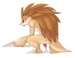 1boy 2016 anthro blush claws crouching cum cum_on_ground cum_string male male_only nintendo penis pokemon pokemon_(species) sandslash semi-anthro simple_background solo squibbyart video_games white_background