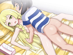 1boy 1girls bottomless elio_(pokemon) female human lillie_(pokemon) nintendo pokemon pokemon_sm sex small_breasts straight tagme umayahara0130