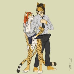 1boy 1girls 2017 aroused bottomless breasts cleavage clothed clothing clothing_lift dress_pants dress_shirt feline female jonas-pride leopard male mammal necktie partially_clothed pussy school_uniform shirt skirt skirt_lift straight tenting