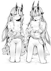 2girls absurdres aged_down arknights blur_censor blush breasts censored clothes_lift collarbone commentary_request dragon_horns dress dress_lift flat_chest groin hair_over_one_eye highres horns kneeling long_hair monochrome multiple_girls necrass_(arknights) nipples olga_neiman pussy reed_(arknights) siblings simple_background sisters small_breasts very_long_hair white_background