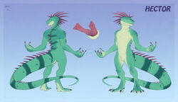 2016 animal_genitalia animal_penis anthro anthro_only athletic athletic_male claws crotch_shot digitigrade diphallia diphallism erection front_view full-length_portrait furry genital_slit green_scales hector_(nawka) hemipenes iguana lizard male model_sheet multi_penis multicolored_scales multiple_angles muscular muscular_male nawka no_humans nude penis portrait rear_view reptile scales scalie slit smile solo spines standing tan_scales two_tone_scales yellow_eyes