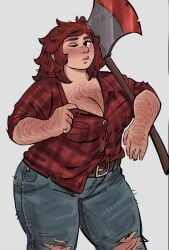 arm_hair armpit_hair axe body_hair butch dungeon_meshi dwarf dwarf_female female female_chest_hair flannel happy_trail jeans lumberjack namari_(dungeon_meshi) pubic_hair red_hair showing_breasts straw_in_mouth torn_clothes viviancore winking