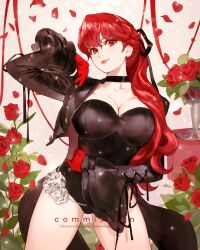 1girls big_breasts black_choker black_coat black_leotard black_ribbon breasts choker cleavage closed_mouth coat coattails collarbone commentary commission english_commentary falling_petals female female_only flower gloves hair_between_eyes hair_ribbon highleg highleg_leotard highres kasumi_yoshizawa large_breasts leotard long_hair long_sleeves looking_at_viewer no_mask persona persona_5 petals phantom_thief_suit pink_lips ponytail red_eyes red_flower red_gloves red_hair red_petals red_rose ribbon rose smile solo sumire_yoshizawa sumustard tailcoat violet_(persona_5) white_background
