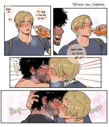 beard beard_stubble blonde_hair blush carlos_oliveira closed_eyes drunk gay kissing leon_scott_kennedy makeout male male_only resident_evil stubble suyohara yaoi