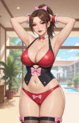 1girls ai_generated armpits arms_behind_head bow_accessory bow_in_hair bow_on_panty bow_ribbon brown_hair cameltoe employee employee_uniform large_breasts milf narrow_waist nipple_bulge panties plants ponytail poolside receptionist resort rgomez007 stable_diffusion stockings waitress wide_hips