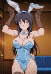 1girls ai_generated black_hair black_thighhighs blue_leotard breasts brown_elbow_gloves bunny_ears bunny_girl bunny_pose bunnysuit casino faurink_maya female female_focus fia_arcana large_breasts leotard pale-skinned_female pale_skin shadow_skill thighhighs