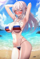 ai_generated alisa_mikhailovna_kujou armpits arms_up beach bikini blue_eyes blush clouds curvy_female flag_bikini hips_out ltgwhtl ocean outdoors russian_flag russian_flag_bikini side_tie_bikini sky smile solo stretching summer sunlight tokidoki_bosotto_russian_de_dereru_tonari_no_alya-san water_drops wet_skin
