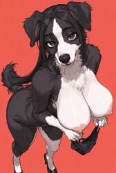 ai_generated anthro big_ass big_breasts border_collie breasts canine female female_only furry furry_female furry_only holding_object milf nipples panties panties_removed sanyasralker simple_background