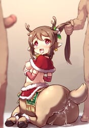 1girls 2boys after_sex ahe_gao animal_ears antlers anus breasts brown_hair centaur centauress cum cum_in_ass cum_in_pussy cum_on_body cum_on_breasts cum_on_clothes cum_on_hair cum_on_lower_body cum_on_upper_body cumdrip deer_taur earrings facial female hair_grab heart heart-shaped_pupils highres horse_ears jewelry langbazi long_hair monster_girl multiple_penises nipples open_mouth original penis reindeer_antlers santa_costume symbol-shaped_pupils taur