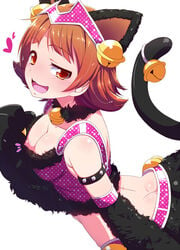 :3 :d animal_ears ass bangs bare_shoulders bell bell_collar blush breasts brown_eyes brown_hair butt_crack cat_ears cat_paws cat_tail cleavage collar collarbone commentary_request crop_top eyebrows_visible_through_hair fake_animal_ears fake_tail female flipped_hair from_side fur-trimmed_shirt fur_collar fur_trim hair_bell hair_ornament hairband half-closed_eye heart idolmaster idolmaster_million_live! jingle_bell looking_at_viewer looking_to_the_side midriff natsumi_akira naughty_face nipple_slip nipples nonohara_akane open_mouth paws pink_hairband pink_shirt polka_dot polka_dot_shirt shiny shiny_hair shiny_skin shirt shirt_pull short_hair simple_background small_breasts smile solo tail tail_bell white_background