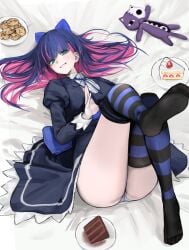absurdres ass bed_sheet black_dress black_thighhighs blunt_bangs bow breasts cake chocolate_cake colored_inner_hair cookie dress female female_only food gothic_lolita green_eyes gunu_(nyzn3223) hairbow highres knees_up large_breasts lolita_fashion looking_at_viewer lying multicolored_hair on_back on_bed open_mouth panties panty_&_stocking_with_garterbelt pink_hair purple_hair solo stocking_(psg) stocking_anarchy strawberry_shortcake_(food) striped_clothes striped_thighhighs stuffed_toy thighhighs two-tone_hair underwear white_panties