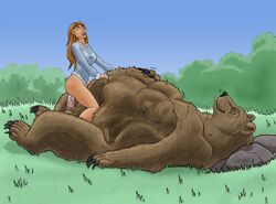 balls bear body_outline bottomless breasts clothed clothing cowgirl_position cum duo female feral human human_on_feral interspecies larger_male male mammal on_top penetration penis post_vore sex size_difference soft_vore straight strega vaginal_penetration vore zoophilia