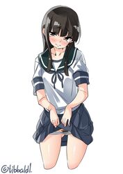 ass_visible_through_thighs bangs black_eyes black_hair black_skirt blunt_bangs blush comic cowboy_shot cropped_legs ebifurya eyebrows_visible_through_hair female hatsuyuki_(kantai_collection) highres kantai_collection lifted_by_self long_hair looking_at_viewer panties panty_pull pleated_skirt pubic_hair school_uniform serafuku short_sleeves sidelocks simple_background skirt skirt_lift solo tears twitter_username underwear white_background white_panties