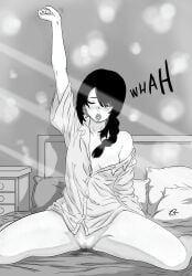 1girls artist bed black_hair chainsaw_man eyes_closed female female_only general katoukanekou nayuta_(chainsaw_man) partially_clothed stretching yawn