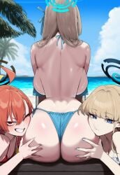 3girls ai_generated ass ass_focus ass_grab ass_worship asuna_(blue_archive) back back_view beach bikini blue_archive breasts cheek_press female_face_near_ass gigantic_ass halo head_on_ass huge_ass huge_breasts light-skinned_female light_skin multiple_girls neru_(blue_archive) one_eye_closed outside perfect_body small_breasts swimsuit toki_(blue_archive) truck-kun_art truck_kun worship yuri