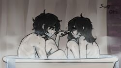 1boy 1girls 2d andrew_graves ashley_graves bath bathing bathing_together black_hair blush boop brother_and_sister cute eye_contact female green_eyes human incest male male_and_female_focus mixed_bathing nonsexual nonsexual_nudity nose_boop nude pale_skin pink_eyes siblings straight supori the_coffin_of_andy_and_leyley water wet wet_body wet_skin wholesome