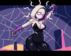 1girl alternate_version_at_source belly belly_inflation big_belly bodysuit bondage cameltoe captured captured_heroine female female_focus female_only ghost-spider_(marvel) gwen_stacy inflation marvel mask masked masked_female nemusothoth pregnant skin_tight solo spider-gwen spider-man_(series) web