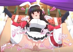 1boy alternate_costume amazon_position animal_ears apron black_hair black_skirt black_socks blunt_bangs blurry blurry_background blush breasts censored clothed_female_nude_male crescent crescent_hair_ornament curtains detached_sleeves enmaided feet_out_of_frame female femdom frilled_apron frilled_skirt frilled_sleeves frills fujigaya_arctia hair_ornament heart high-waist_skirt highres indoors kaguyahime_(mahjong_soul) large_breasts large_variant_set leg_grab long_hair looking_at_viewer mahjong_soul maid maid_headdress mosaic_censoring motion_lines no_panties nude open_mouth penis pov pov_crotch pussy rabbit_ears rabbit_girl red_eyes red_sleeves sex shirt skirt sleeveless sleeveless_shirt smile socks solo_focus spread_legs straight thighhighs vaginal_penetration variant_set waist_apron white_apron white_shirt white_thighhighs