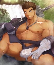 1boy abs ass_visible_through_thighs bandage bandaged_arm bandaged_hand bandaged_wrist bara beard_stubble beefy belt big_areola big_breasts brown_eyes brown_hair bulge bulge_through_clothing fingerless_gloves forest frown fundoshi gloves grin hand_on_crotch hand_on_thigh holding_weapon hunk katana kimono kimono_open long_sword looking_at_viewer male male_breasts male_only manly mature_male muscles muscular muscular_arms muscular_ass muscular_legs muscular_male muscular_thighs necklace obi open_clothes oppai original original_character outdoors pecs pubic_hair rokushaku_fundoshi samurai sansaka_saku short_hair sitting six_pack solo spiky_hair spread_legs steam steaming_body sweat sweatdrop sweating thick_arms thick_eyebrows thick_neck thick_thighs tough_guy translucent_clothing waterfall wet wet_body wet_fundoshi white_fundoshi wide_shoulders