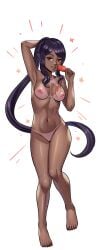 black_hair breasts brown_body brown_skin completely_nude feet female hentai_heroes long_hair popsicle pussy red_eyes tanline tanned