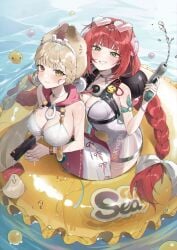 2girls absurdres afloat alice_thymefield alice_thymefield_(sea_of_thyme) animal_ear_fluff animal_ears arched_back bare_shoulders behind_another blonde_hair bracelet braid braided_twintails breasts camera camera_around_neck chama_(chacoc0) cleavage closed_mouth collarbone commentary dress_swimsuit eyewear_on_head facial_mark female female_only gradient-tinted_eyewear green_eyes grin hair_ornament half-closed_eyes hearing_aid heart heart-shaped_eyewear heart_facial_mark heterochromia highres holding holding_water_gun jewelry large_breasts leaning_forward long_hair looking_at_viewer low_twintails multiple_girls official_alternate_costume one-piece_swimsuit pink_one-piece_swimsuit rabbit_ears rabbit_girl red_eyes red_hair rubber_duck smile sphere_hair_ornament swim_ring swimsuit tinted_eyewear twintails two-tone_one-piece_swimsuit ukinami_yuzuha ukinami_yuzuha_(tanuki_in_broad_daylight) untranslatable_commentary watch water water_gun wet wet_hair white_one-piece_swimsuit wristwatch yellow_eyes zenless_zone_zero