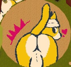 anthro balls comet_kat furry looking_at_viewer looking_back multicolored_fur pixel_art presenting_hindquarters screenshot tagme_(artist) tail webfishing webfishing_chalk_art white_fur yellow_fur