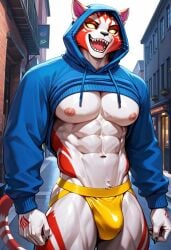 abs ai_generated anthro biceps blush feline fortnite furry gay hoodie looking_at_viewer male male_only muscular muscular_male nipples no_pupils nude_male nyanja_(fortnite) open_mouth pecs sharp_teeth smile toned_body toned_male twall97 yellow_eyes