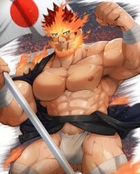 1boy abs armpit_hair armpits arms_up asymmetrical_breasts bandage bandaged_leg bandaged_wrist bara beard beefy belt biceps big_areola big_breasts big_hands boku_no_hero_academia bulge bulge_through_clothing burn_scar burning burning_clothes burnt_clothes clenched_hand daddy dilf endeavor_(boku_no_hero_academia) endeavor_(my_hero_academia) enji_todoroki fiery_background fiery_hair fire fist flag flagpole flame flaming_hair frown fundoshi green_eyes holding_object holding_pole hunk japan japanese_clothes japanese_flag kimono kimono_open looking_down male male_breasts male_only manly muscles muscular muscular_arms muscular_legs muscular_male muscular_thighs my_hero_academia obi on_fire open_clothes open_legs oppai patriotism pecs pubic_hair quadriceps red_hair rokushaku_fundoshi sansaka_saku scar scar_on_face short_hair sideburns six_pack solo spiky_hair thick thick_arms thick_legs thick_neck tough_guy triceps veiny_arms veiny_muscles very_sweaty wet wet_body white_fundoshi