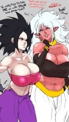 2girls android_21 breast_squeeze breasts breasts_bigger_than_head busty caulifla curvy dialogue dragon_ball dragon_ball_fighterz dragon_ball_super fakeryway huge_breasts majin_android_21 nipple_bulge pink_skin saiyan stomach thick