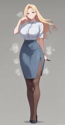 1girls ai_generated blonde_hair blue_eyes collared_shirt earrings full_body large_breasts long_hair office_lady pantyhose pen pencil_skirt smile steam supergetthi wristwatch