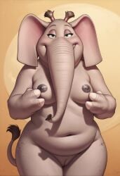 2024 ai_generated anthro belly breasts carnivalecloudmuncher chubby_female elephant elephantid female furry genitals grey_body grey_nipples grey_skin hair hi_res humanoid_genitalia looking_at_viewer mammal meena_(sing) navel nipples nude peach_pussy proboscidean proboscis_(anatomy) pussy self_upload sing_(movie) slightly_chubby smile solo standing tagme trunk_(anatomy)