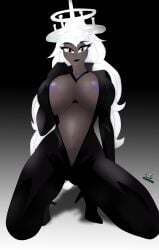 angel big_breasts dark-skinned_female hazbin_hotel huge_breasts leather leather_clothing leather_suit noir-black-shooter sera_(hazbin_hotel) silver_hair white_eyes white_hair