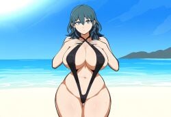 1girls ai_generated beach byleth_(fire_emblem) byleth_(fire_emblem)_(female) fire_emblem fire_emblem:_three_houses large_breasts looking_at_viewer novelai sling_bikini solo thick_thighs wide_hips