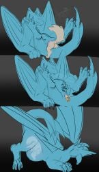 absurd_res arlo_(relux) blue_body blue_scales comic feathers frosti_(frostidragon) frostidragon hi_res leaning leaning_backward looking_pleasured pawpads purple_eyes scales size_difference unbirthing vaginal_penetration vore white_body white_feathers