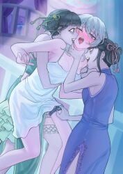 3girls absurdres bare_arms black_hair blue_dress blush breasts china_dress chinese_clothes chinese_commentary commentary_request cup dress drinking_glass fff_threesome green_dress grey_hair group_sex highres large_breasts licking licking_another's_face multiple_girls muwei_(v0ptr) oerba_yun_fang open_mouth original outdoors railing remote_control_vibrator sex_toy side_slit smile strangling threesome tongue tongue_out vibrator vibrator_cord vibrator_in_thigh_strap white_dress wine_glass yuri