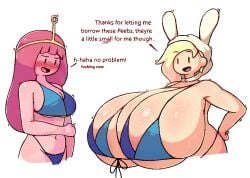 2girls adventure_time big_breast_humiliation big_breasts blonde_hair blush breast_envy breasts breasts_bigger_than_head cleavage female fionna_the_human_girl gigantic_breasts huge_breasts human inconvenient_breasts looking_at_another pale_skin princess_bubblegum senor9 senordraws swimsuit text