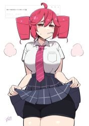 1girls ahoge alternate_costume black_shorts blush_stickers bow bowtie breasts cameltoe clothes_lift drill_hair female highres kasane_teto koeikobo kooei large_breasts lollipop_in_mouth looking_at_viewer miniskirt plaid_clothes plaid_skirt pleated_skirt red_bow red_bowtie red_eyes red_hair school_uniform serafuku shirt shirt_tucked_in short_shorts short_sleeves shorts shorts_under_skirt signature simple_background skirt skirt_lift solo sweatdrop turtleneck turtleneck_shirt twin_drills utau white_background white_serafuku white_shirt