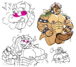 1boy 2024 5_fingers abs anthro areola balls big_balls big_penis biped blush bodily_fluids bowser bracelet claws collar duo erection exclamation_point fingers genital_fluids genitals glans hi_res horn huge_cock humanoid_genitalia humanoid_penis jewelry koopa male male/male mario_(series) multiple_images muscular muscular_anthro muscular_male nintendo nipple_piercing nipples pecs penis piercing poppin precum scalie solo spiked_bracelet spiked_collar spikes tail tongue tongue_out vein veiny_penis