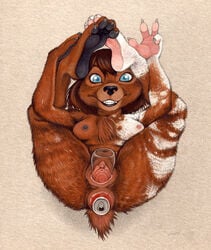 2017 4_fingers 4_toes anal anal_sex anthro anus bear black_nose breasts brown_fur brown_hair can chest_tuft claws double_penetration female fuchs fur gesture hair hindpaw legs_up looking_at_viewer lying mammal nipples nude on_back pawpads paws penetration presenting presenting_pussy pussy solo toe_claws toes traditional_media_(artwork) tuft v vaginal_penetration white_fur