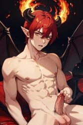 ai_generated anime_style fire gay god_of_fire horns muscular penis pointy_ears red_hair wings yellow_eyes