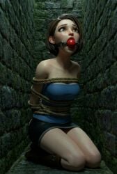 1girls 3d ai_generated arms_tied_behind_back ball_gag bare_shoulders bondage brown_hair brunette_hair captured captured_heroine female female_focus female_only jill_valentine kneeling light_skin looking_up miniskirt resident_evil resident_evil_3 rope_bondage ropes short_hair strapless tied_up tight_clothing tight_space tubetop
